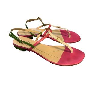 Kate Spade Pink Green Leather Sz 8 Flat Thong Sandal Buckle Ankle Strap …
